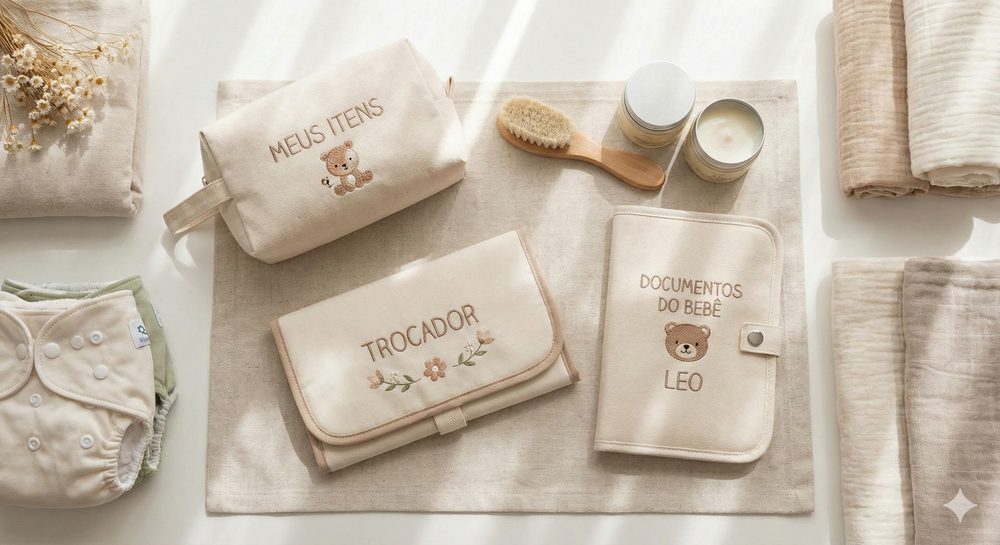 Necessaire e trocador de bebê bordados